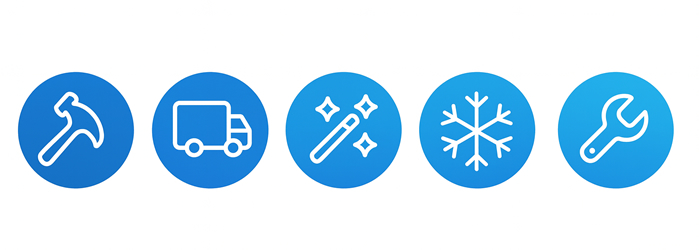 プラムの業務内容アイコン（解体・運搬・清掃・空調・メンテナンス）